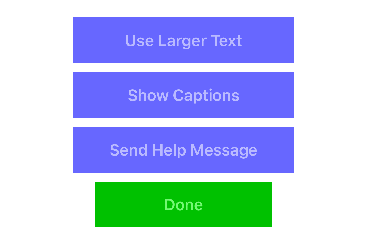 Buttons for accessibility features in the This Is Nowhere app help panel